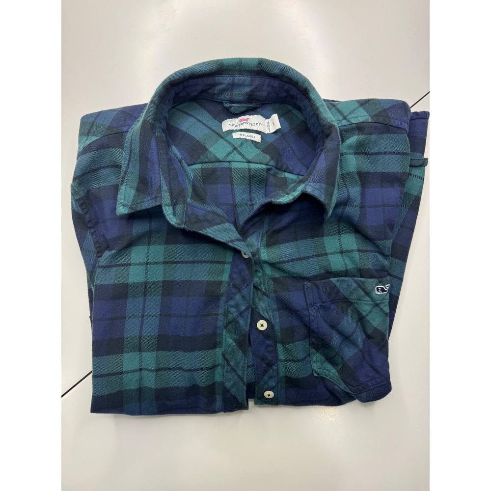 Vineyard Vines Womens Relaxed Fit Plaid Flannel Shirt Green Navy Blue Size 8 - Picture 7 of 7